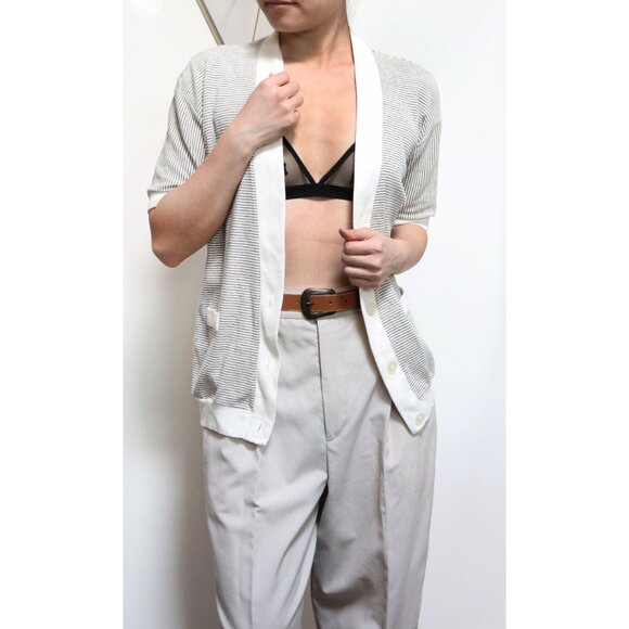 Vintage 80s Cream & Black Striped Short Sleeve Cardigan, Pinstripe Sweater - Picture 5 of 8